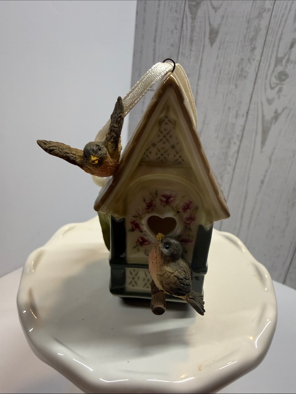 The Bradford Exchange Ceramic Birdhouse Ornament with Brown and Cream Birds